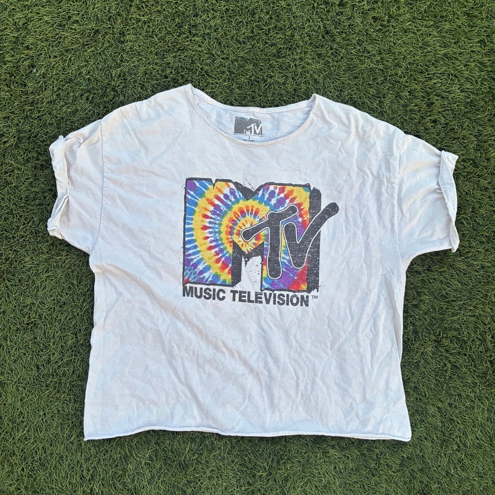 MTV Graphic Tee Womens Large White Tie Dye Logo Cropped Raw Hem Vintage Y2K 90s